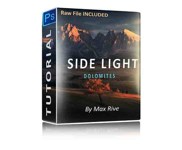 boxcover of photoshop side light tutorial with dolomites autumn mountain landscape with orange colored tree