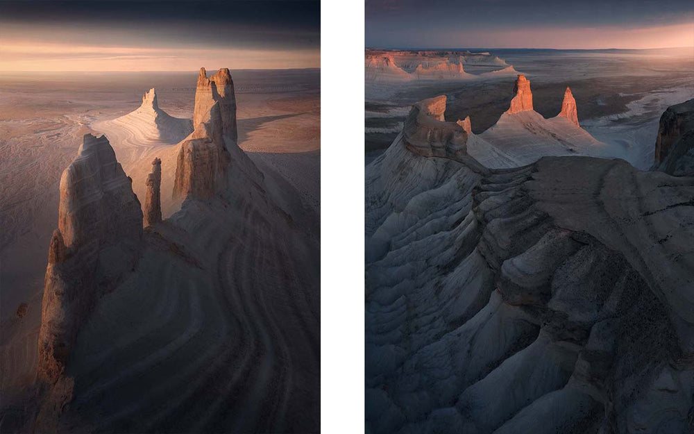 The sharp and shapely formations of Bozzhyra in Mangystau Kazakhstan as viewed by drone at sunrise.