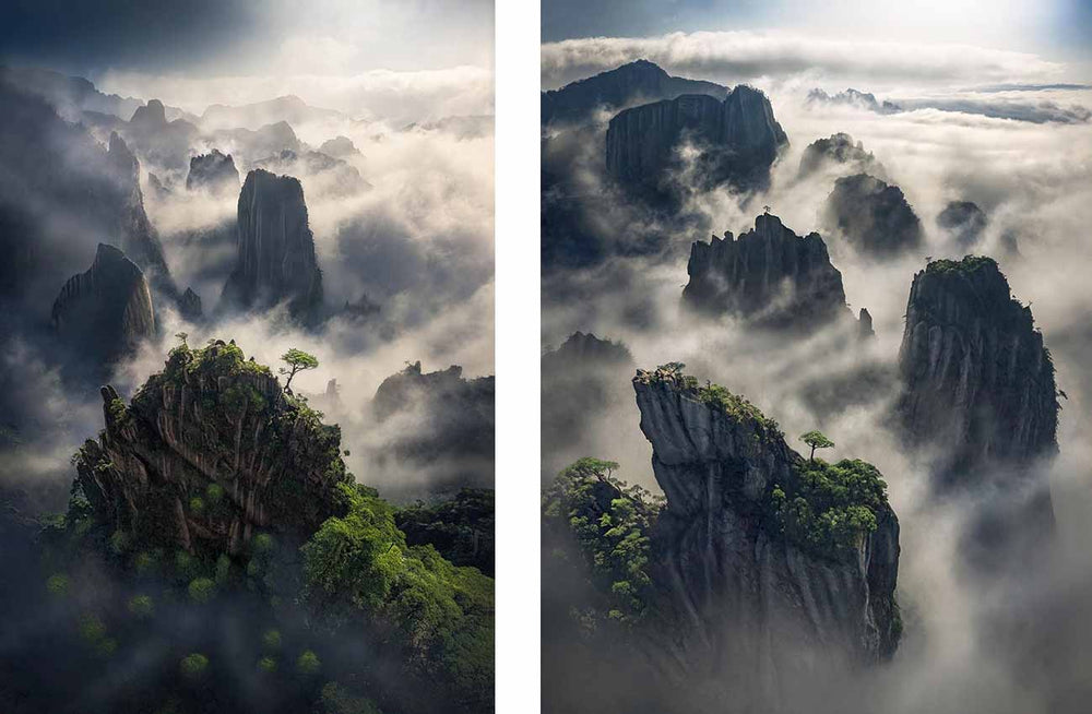 The high huangshan mountains as seen from ariel where mist separates them. Forest grows on top of the mountaintops.