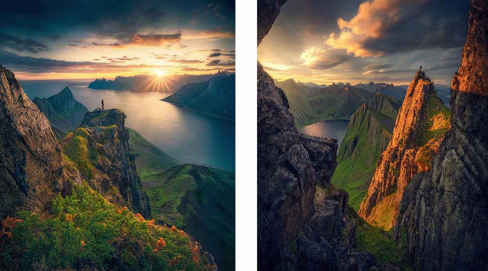 high mountains frame a golden sunrise with a person standing on the peak overlooking a fjord.
