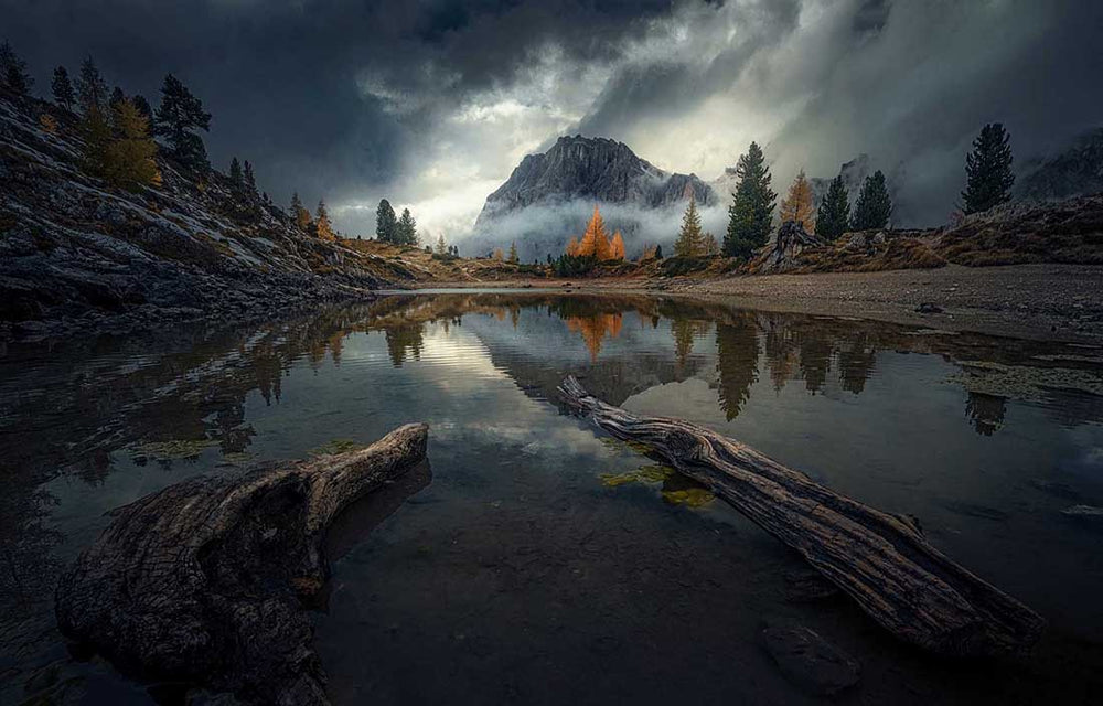 lago limides at sunset in autumn reflects the misty mountains. Twisted tree trunks are leading lines.