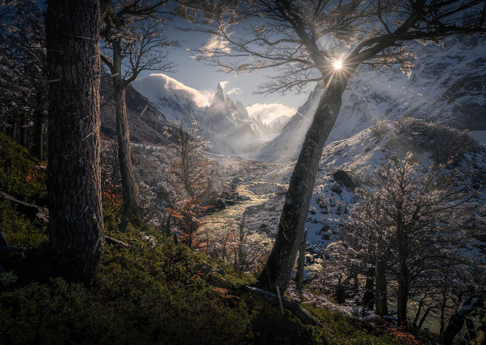 Cerro Torre's jagged peaks covered in snow in autumn framed with trees and fresh snow, a sunbeam through the branches illuminates the foreground, in the midground a winding river leads to the peaks beyond.