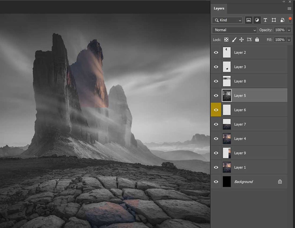 complicated layer masks are demonstrated on this photo of drei zinnen.