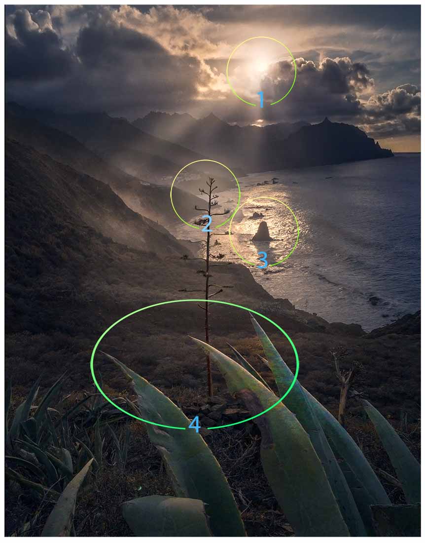 a diagram shows how to balance the scene with foreground of plants and background of sunset and midground of coastal rocks.