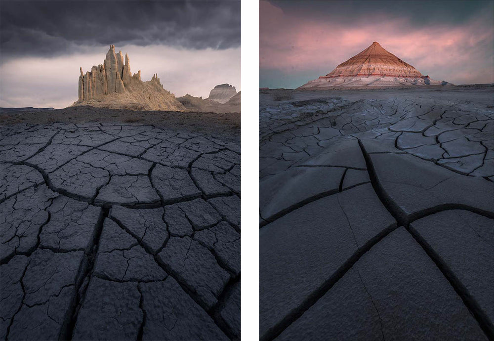 Cracked mud in Kazakhstan creates leading lines to the layered and sharp peaks of the mountains beyond. Sunset colours illuminate the mountain shapes.