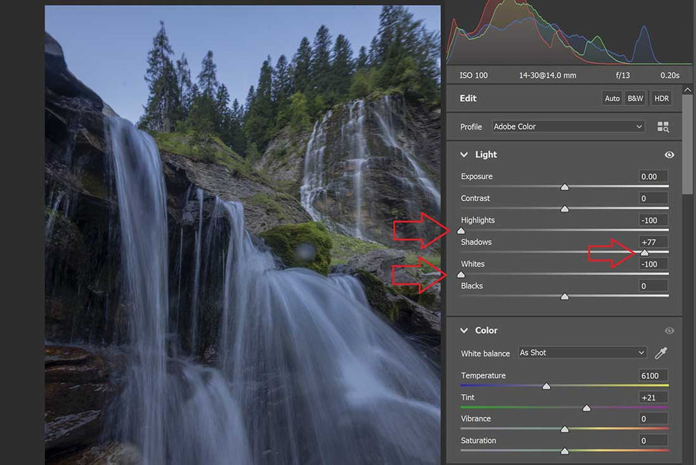 Adobe Photoshop image showing how to adjust highlights, whites and shadows in a waterfall scene.