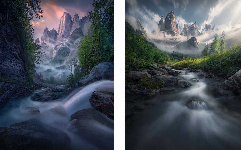 waterfalls flow through a forest towards large sharp peaks in mist in dolomites,