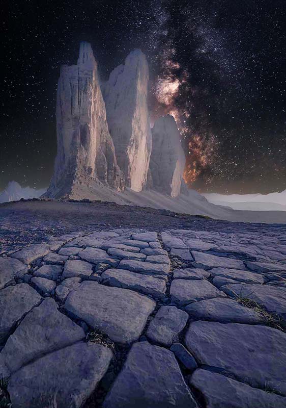 drei zinnen night sky image where the land is too bright and the sky is too dark.