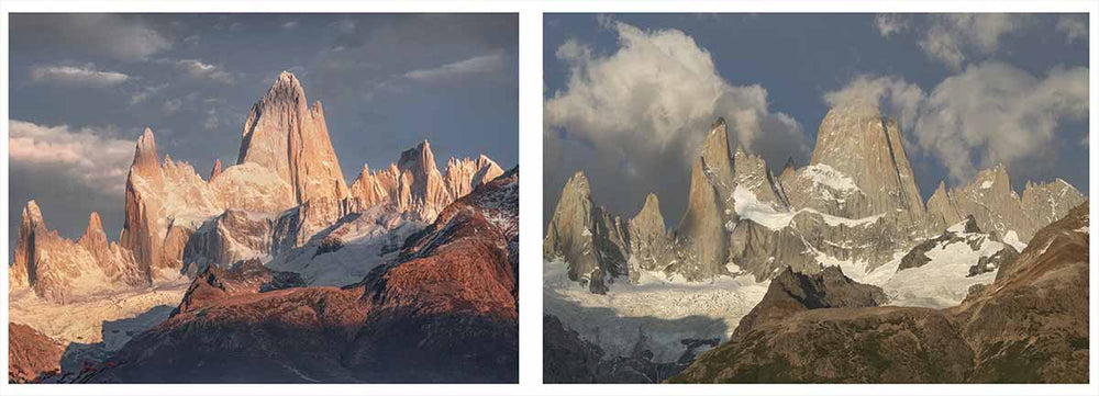 The peaks of Monte Fitz Roy in Patagonia at sunrise in autumn compared to summer. Show casing how the angle of the light affects the shape of the mountain.