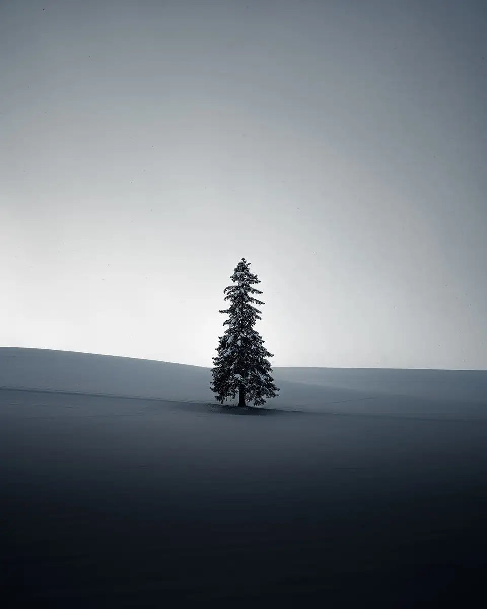 A lone snowy tree in the landscape of Hokkaido, Japan, it stands in a plane field of snow under a simple white sky.