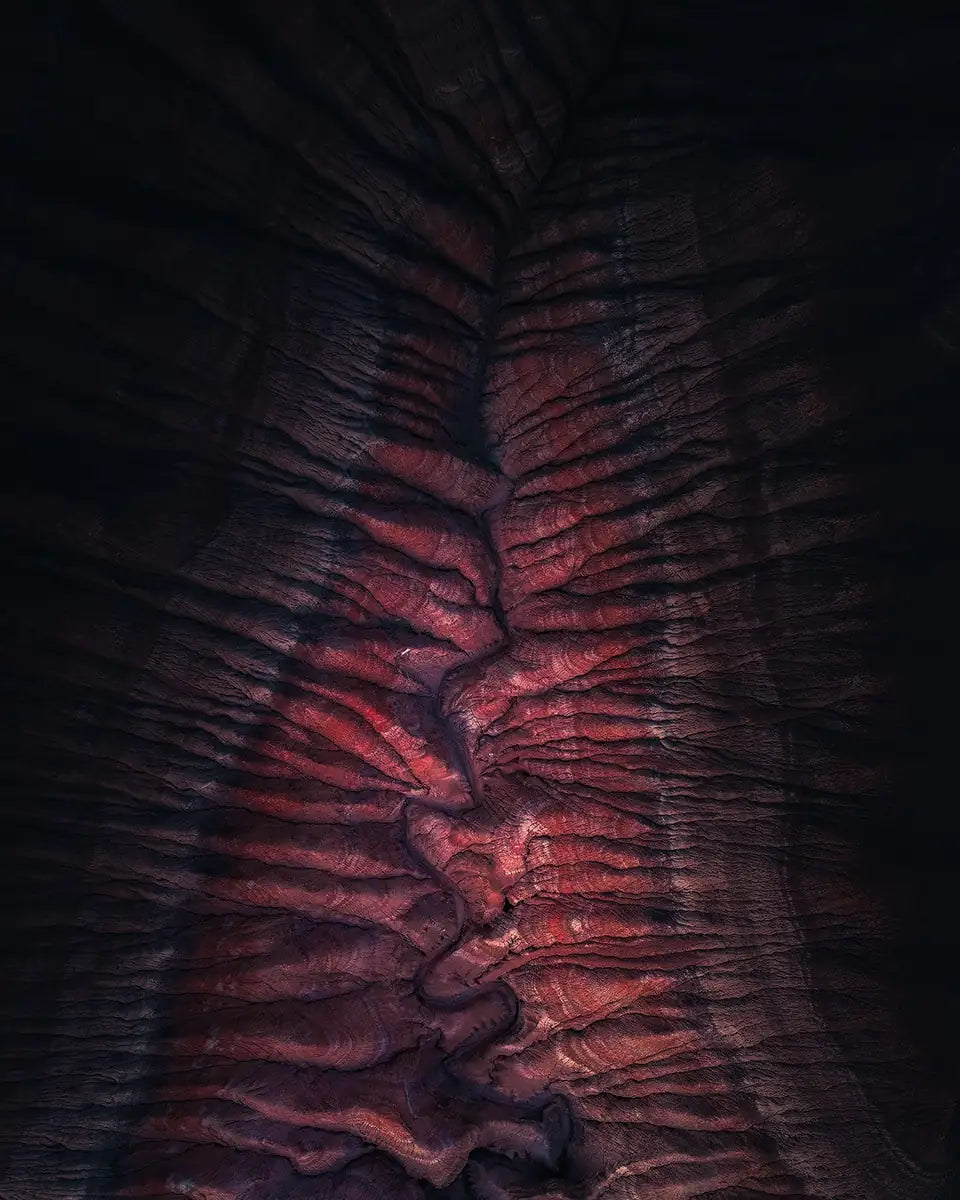 A dark abstract of earth tones taken from an aerial perspective in Kazakhstan, with lots of layers of red and purple lines and texture resembling a snake.