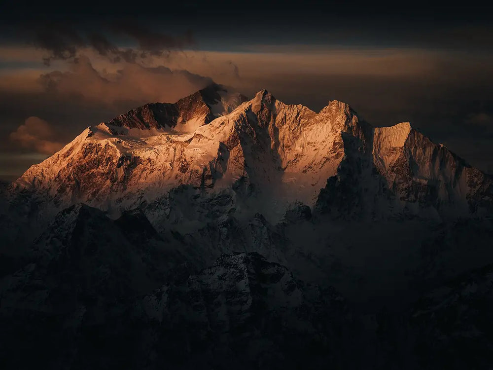 Morning alpenglow on Mount Makalu, photographed from the Tibet side.