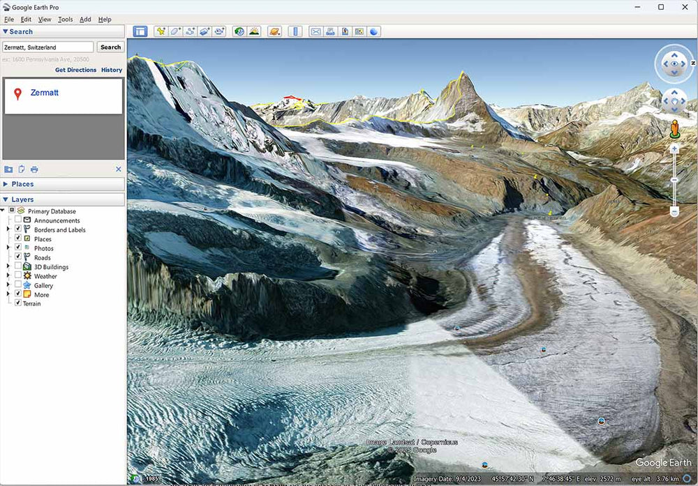 google earth scouting with mountains and leading lines in a glacier.