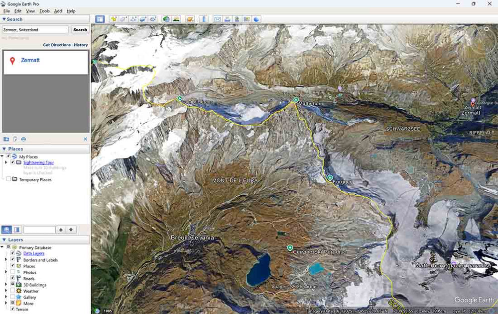 a print-screen of google earth showing how to search for a subject, in this example is Zermatt in Switzerland.