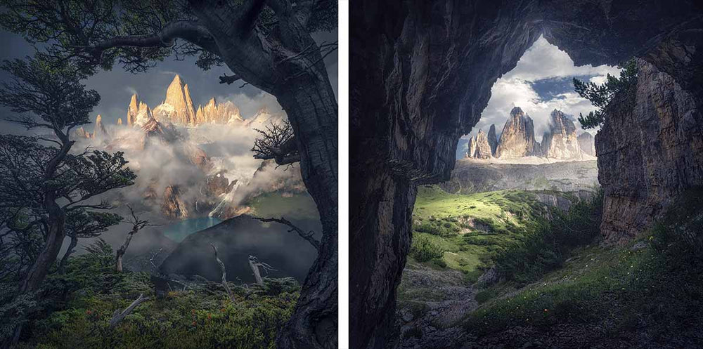a cave and tree frame sharp mountains covered in mist and soft daylight.