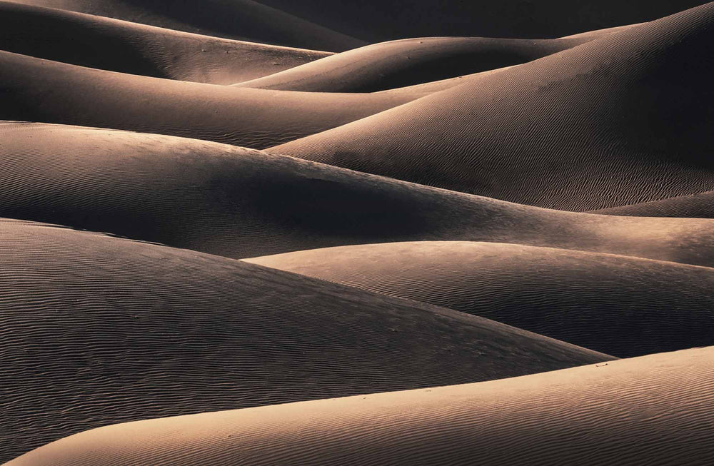 An abstract of layers of sand dunes and patterns in the sand dunes of death valley in USA at sunrise.
