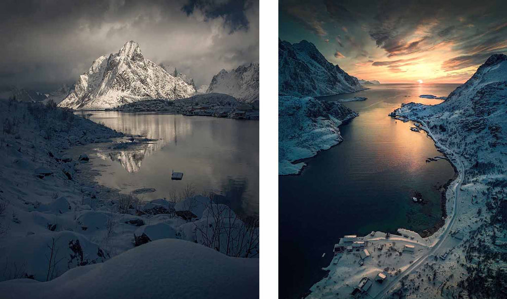 snow covered mountains surround a fjord which reflects the golden sunrise.