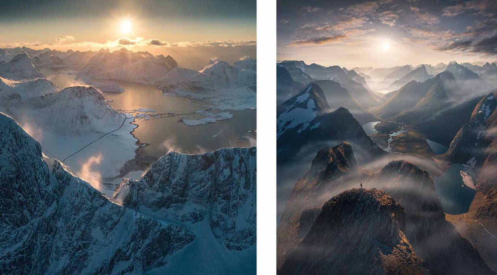 drone photos of a man high on a mountain peak with misty covered mountains a golden sunrise and deep blue lake below.