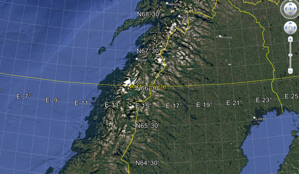 A google earth image in grid view showing the artic circle.