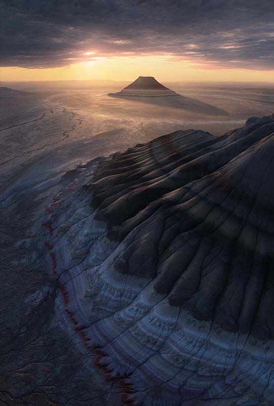 Mount Bokty in Kazakhstan Mangystau during sunset, the layers of tiramisu come alive.