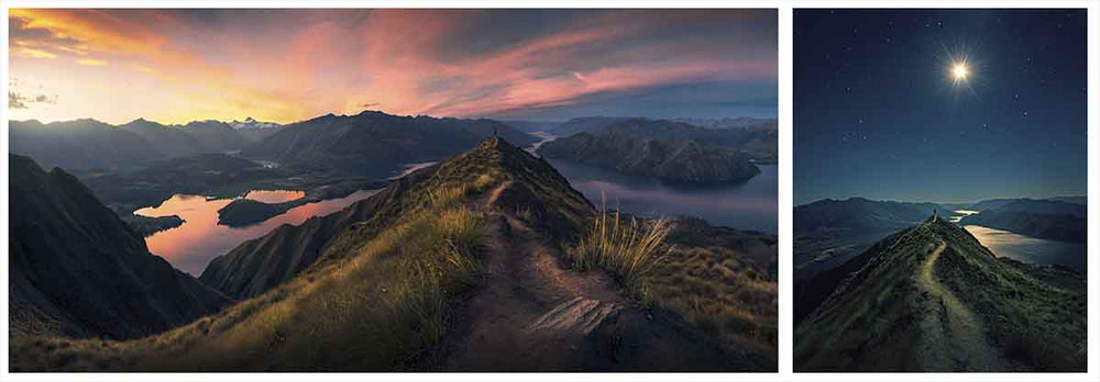 a person stands on new Zealand mountain ridge under bright moon and night sky.