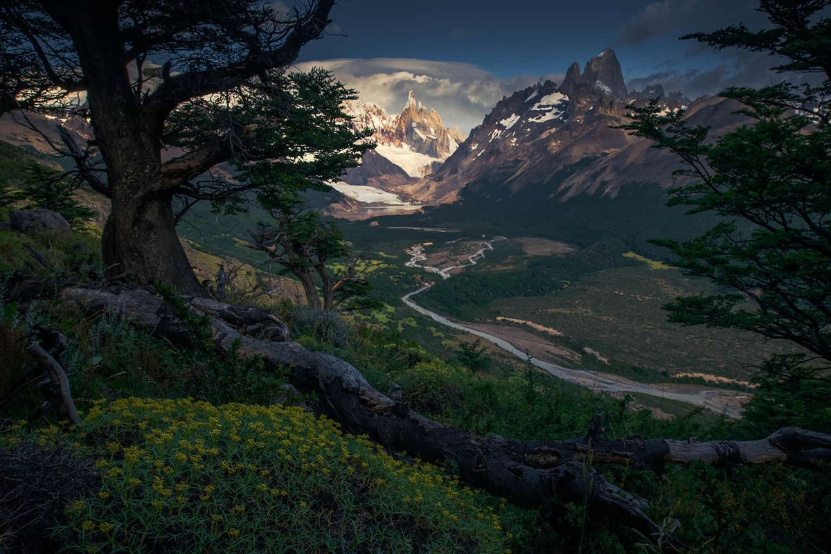Patagonia Summer landscape with river leading towards mountain - sumer and spring lightroom presets - edited