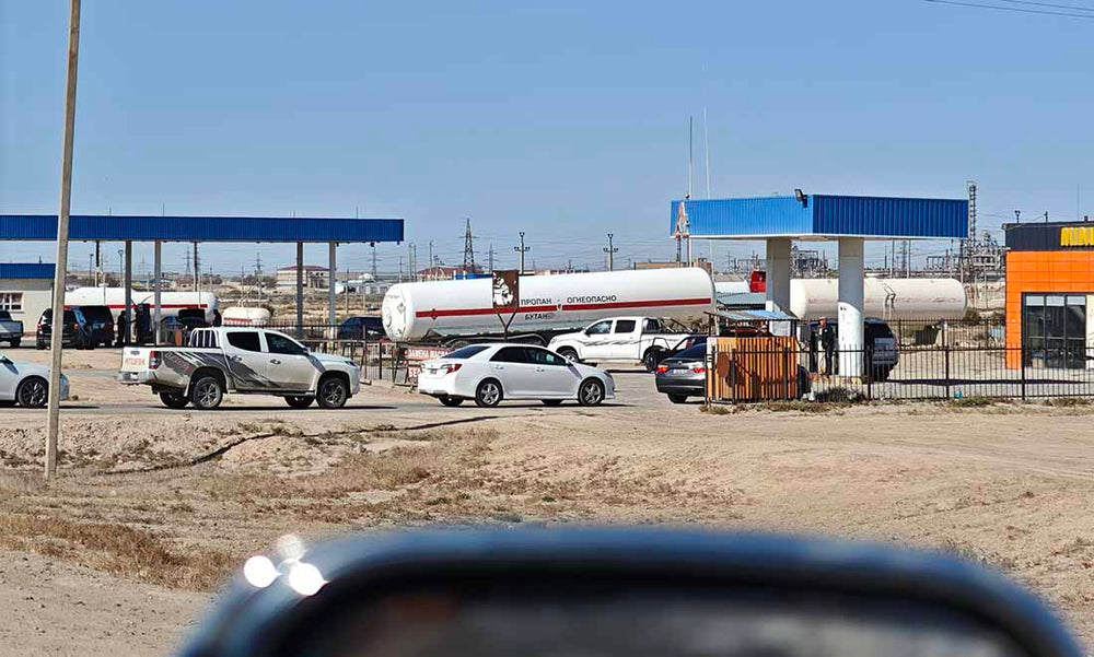 queues form for gas stations in southwest kazakhstan.