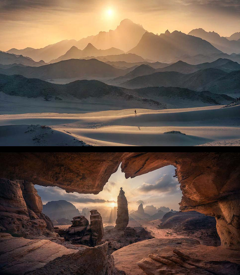 A split landscape artwork showing two dramatic desert mountain scenes: the top panel features layered blue-gray mountains under a glowing golden sun over sand dunes, the bottom panel shows a rocky cave viewed from within a large sandstone arch with a sunlit central rock formation.