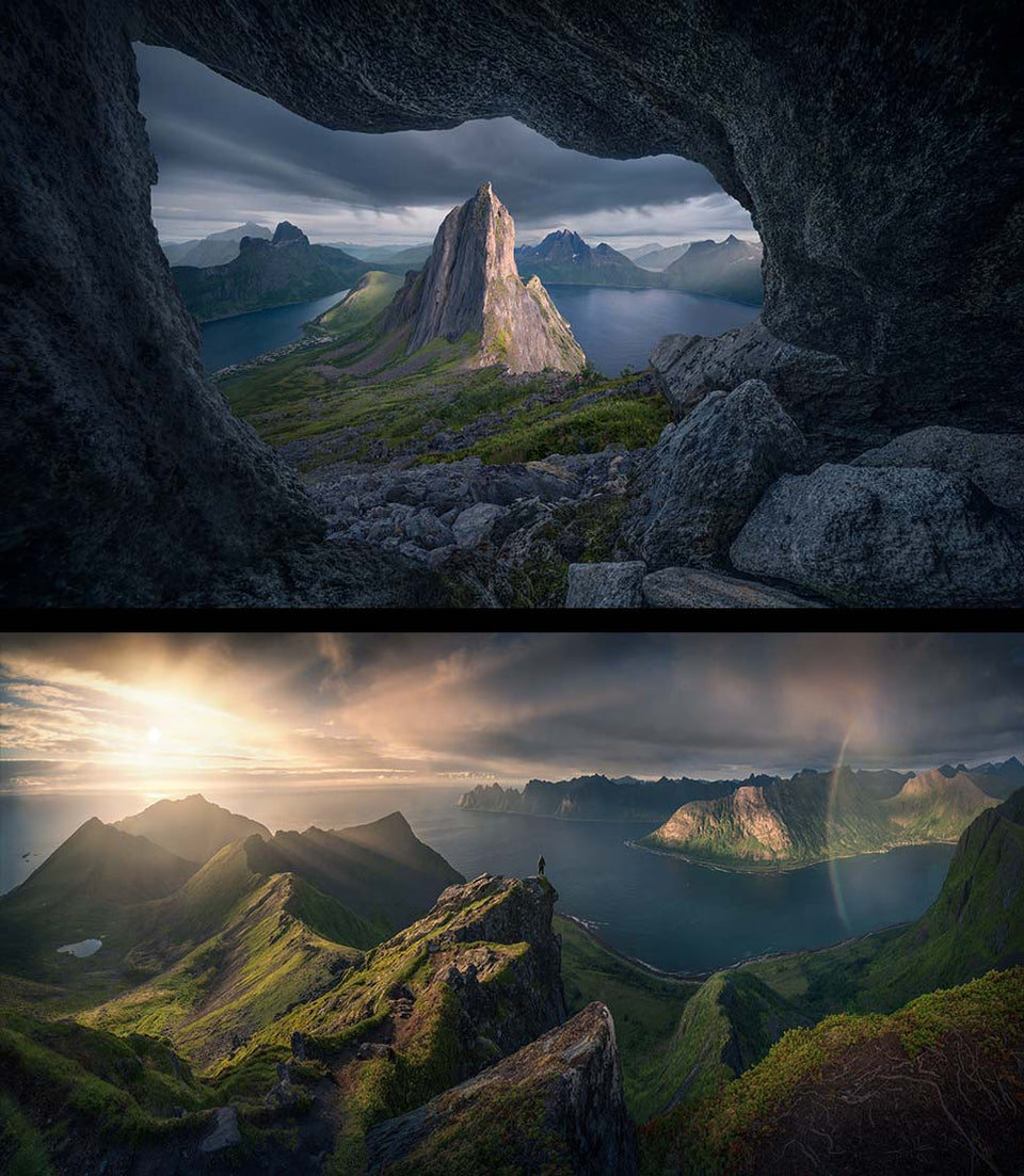 A split photo panorama, the top section showing Segla mountain in Norway during the midnight sun, the mountain is framed by a cave. The Bottom photo is a panorama from Husfjellet a person stands on a mountain peak above the fjords, sunrays stream across the lower peaks to the left and to the right a rainbow is reflected in the fjord.