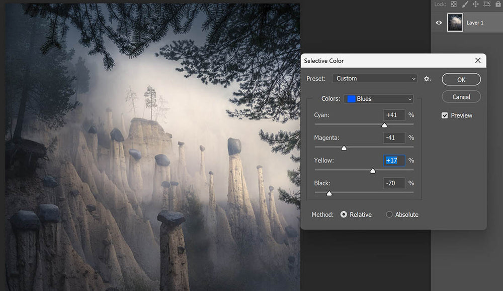 selective color is demonstrated on this image of rock formations in dolomites.