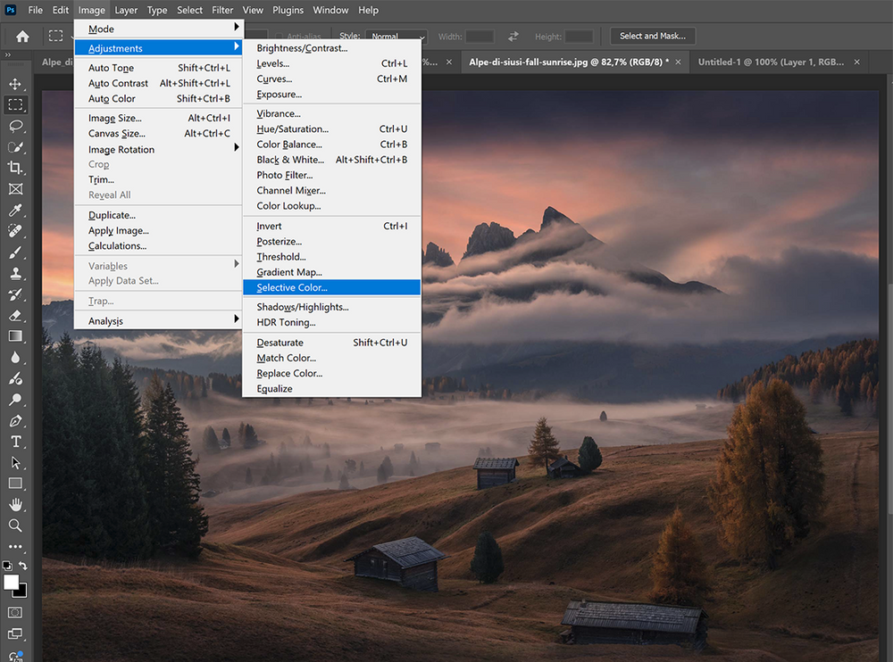 how to access selective color in photoshop demonstrated on this image of alpe di siusi in dolomites.