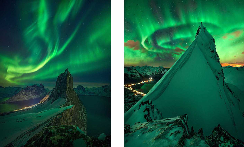 bright green aurora over the sharp snowy mountain peaks and fjords of Norway.