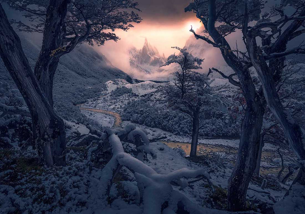snow covered trees in Patagonia winter frame monte fitzroy in the background. A frozen river winds through the valley in the centre leading towards the mountains.