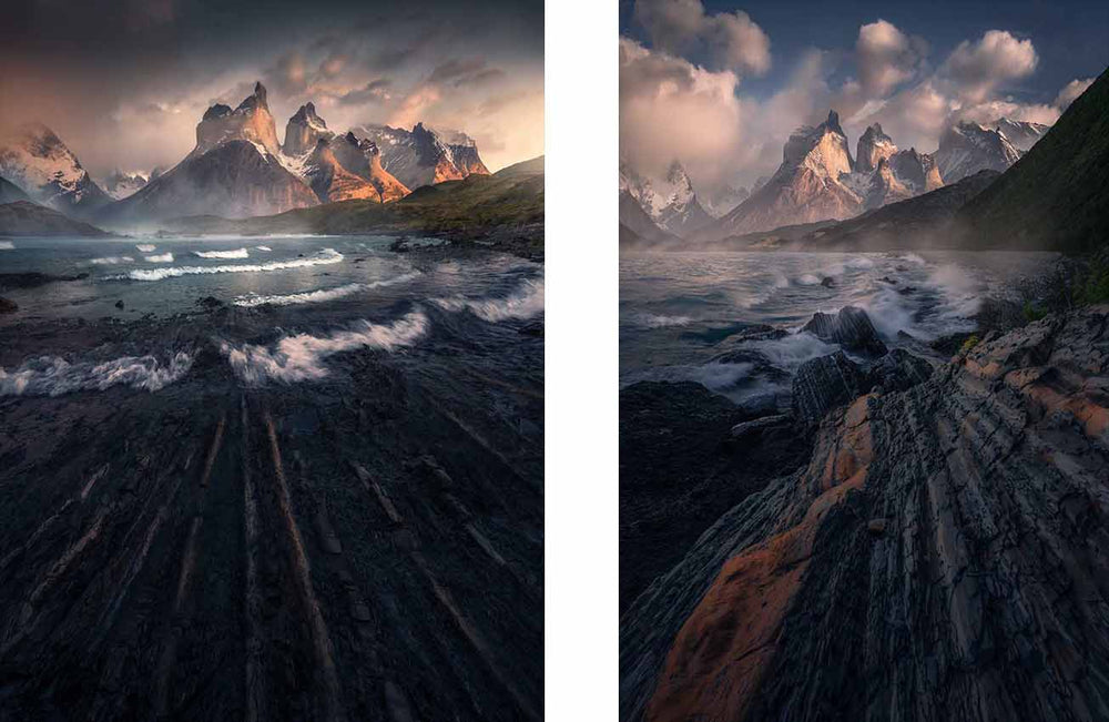 Torres del Paine in summer on a stormy and windy sunrise. The golden light makes the clouds above the mountains a pink colour. The orange stripes in the rocks lead towards the giant mountains. The wind causes salt spray from the ocean to create white caps on the waves.