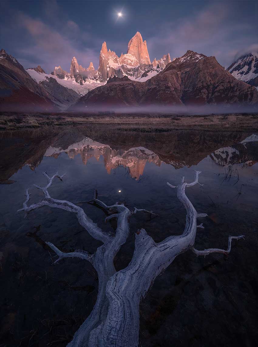 Monte fitzroy under a dark sunrise is reflected in a clear still lake. The midground has misty and mountains and the foreground has white tree roots.