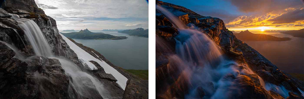  A waterfall on a mountainside close up with a golden sunset and fjords beyond.