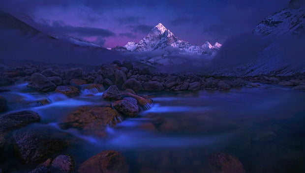 Ama Dablam mountain landscape with river and purple colors