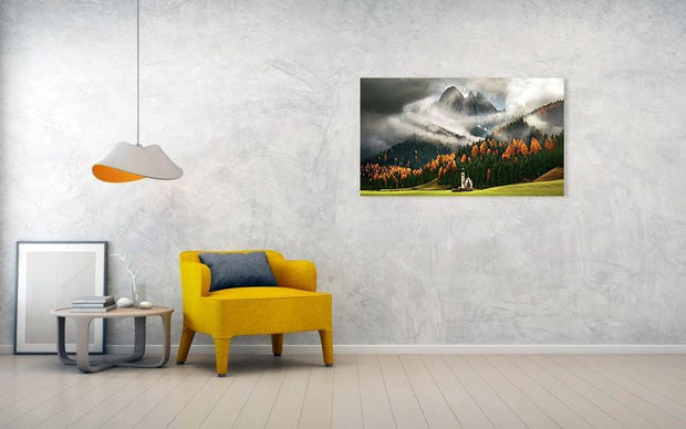 Hanged on a wall in a living room - Dolomites Autumn Canvas Print 