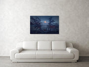 A canvas print of Fitz Roy, showing autumn landscape with trees framing the mountain - hanged in living room