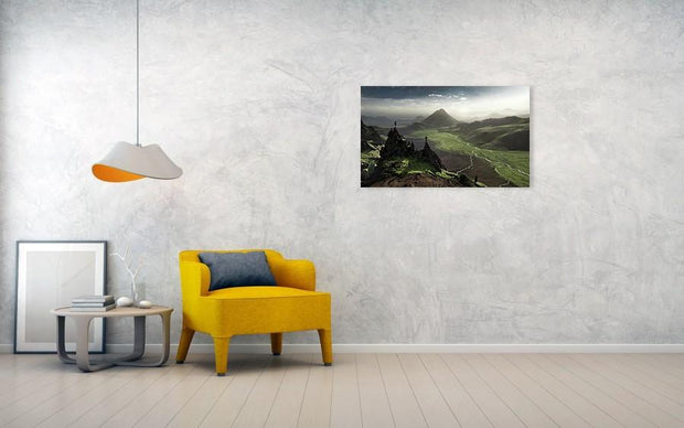 acrylic print hanged on wall of green mountain landscape in iceland - living room