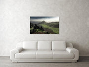 acrylic print hanged on wall of green mountain landscape in iceland