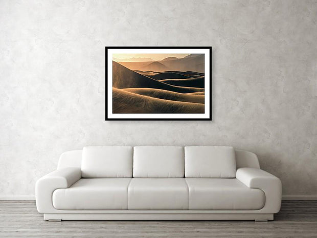 Framed Print hanged on wall of Mesquite flat sand dunes wtih blowing sand at sunrise big size