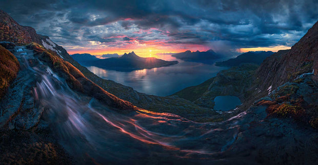Midnight Sun Norway fjord panorama with stormy weather - Max Rive - Framed print