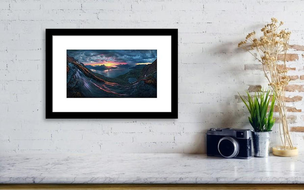 Framed Print by Max Rive hanged on wall of Midnight Sun Norway fjord panorama with stormy weather in small size