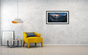 Framed Print by Max Rive hanged on wall of Midnight Sun Norway fjord panorama with stormy weather in medium size - living room