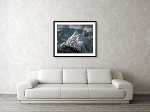 Snowy Mountain framed print by max rive hanged on wall