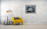 Snowy Mountain framed print by max rive hanged on wall in living room