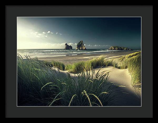 New Zealand Beach Framed Print black e mat and black frame