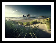New Zealand Beach Framed Print white mat and black frame