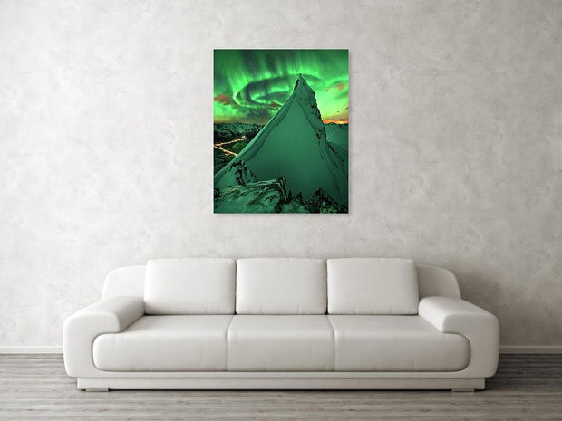 Aurora Borealis canvas print hanged on wall in living room